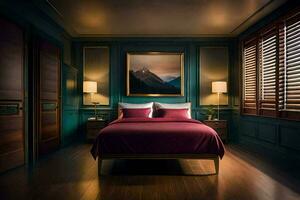 a bedroom with a large bed and wooden floors. AI-Generated photo