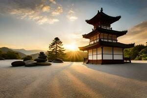 a pagoda sits in the middle of a desert with rocks. AI-Generated photo