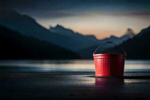 a red bucket sitting on the ground near a lake. AI-Generated photo