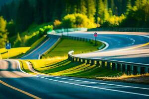 un autopista con curvas y arboles en el antecedentes. generado por ai foto