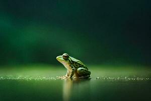 un rana sentado en el agua superficie en frente de un verde antecedentes. generado por ai foto