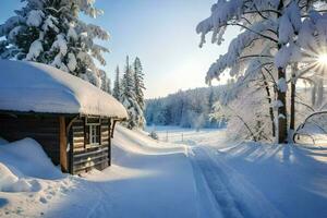 a cabin in the snow with trees and snow. AI-Generated photo