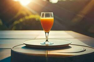 un vaso de naranja jugo en un mesa en el Dom. generado por ai foto