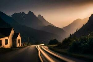 a road in the mountains with a house in the background. AI-Generated photo