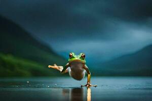 a frog jumping on the water with a dark sky. AI-Generated photo