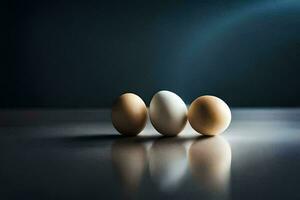 three eggs on a table with a dark background. AI-Generated photo