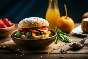 a hamburger with vegetables and fruit on a wooden table. AI-Generated photo