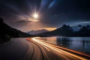 un largo exposición fotografía de un la carretera y lago a noche. generado por ai foto