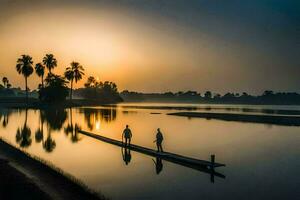 two people are walking on a dock at sunset. AI-Generated photo