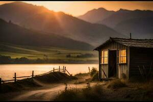 un pequeño cabina se sienta en el lado de un la carretera cerca un lago. generado por ai foto