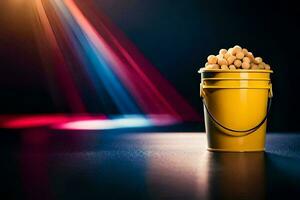 a bucket of peanuts on a table. AI-Generated photo