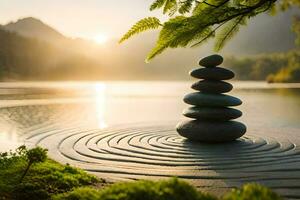 a stack of stones sits on the shore of a lake. AI-Generated photo