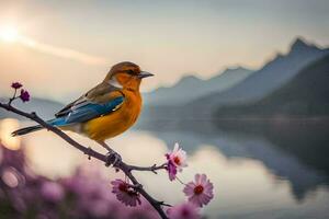 a bird sits on a branch near a lake. AI-Generated photo