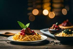 spaghetti with meat and vegetables on a wooden table. AI-Generated photo