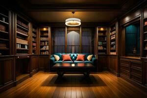 a library with a couch and bookshelves. AI-Generated photo