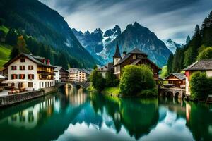 foto fondo de pantalla montañas, río, casa, lago, montañas, Suiza, el Alpes,. generado por ai