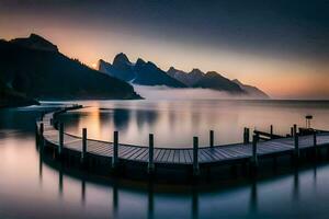 a pier in the middle of a lake with mountains in the background. AI-Generated photo