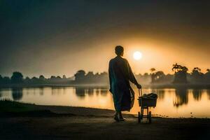 un hombre caminando con un carro por el agua a amanecer. generado por ai foto