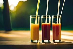 three glasses of juice with straws on a table. AI-Generated photo