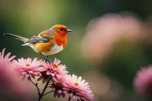 a small bird is perched on top of some pink flowers. AI-Generated photo