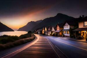 a long exposure photograph of a road and houses in the mountains. AI-Generated photo