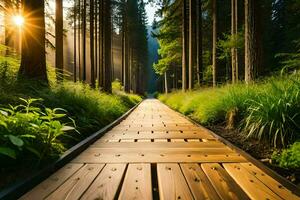 wooden path in the forest at sunset. AI-Generated photo