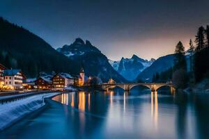 photo wallpaper the sky, mountains, river, bridge, town, house, house, the sky. AI-Generated