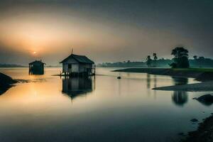 a boat is sitting on the shore of a lake at sunset. AI-Generated photo