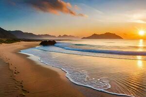 the sun sets on the beach in the background. AI-Generated photo