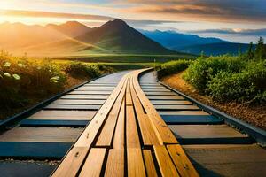 a wooden walkway leads to a mountain at sunset. AI-Generated photo