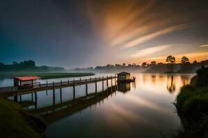 un puente terminado un río a amanecer. generado por ai foto