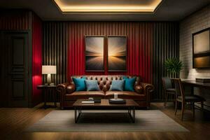 a living room with red walls and leather furniture. AI-Generated photo