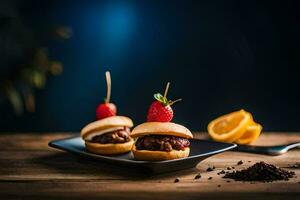 two mini burgers with strawberries on top of a black plate. AI-Generated photo