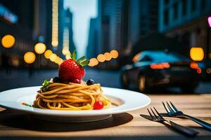 a plate of spaghetti with strawberries and a car in the background. AI-Generated photo