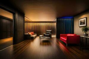 un vivo habitación con de madera pisos y rojo sillas. generado por ai foto
