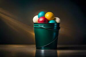 colorful easter eggs in a bucket. AI-Generated photo