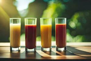 four glasses of orange juice on a table. AI-Generated photo