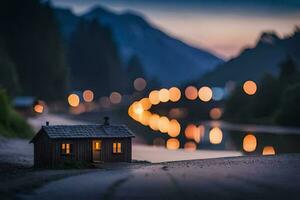 a miniature house sits on the shore of a lake at night. AI-Generated photo