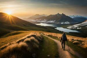 un hombre camina en un camino en el montañas. generado por ai foto