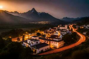 un pueblo con luces en en el noche. generado por ai foto