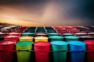 colorful plastic buckets are lined up against a dark sky. AI-Generated photo