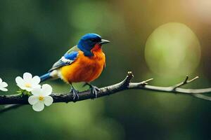 a colorful bird sits on a branch with flowers. AI-Generated photo