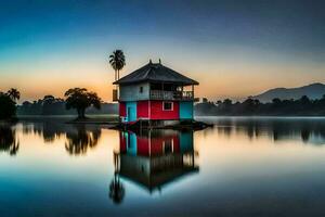 a colorful house sits on the edge of a lake. AI-Generated photo