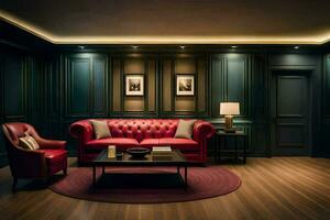 a living room with dark wood paneling and red couches. AI-Generated photo