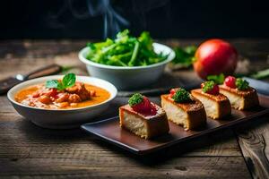 el comida es servido en un de madera mesa. generado por ai foto