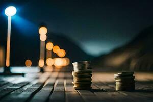 monedas en un de madera piso en frente de un calle ligero. generado por ai foto