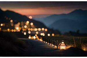 a path with a lighted lantern on it in the middle of the night. AI-Generated photo