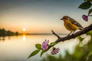 un pájaro se sienta en un rama cerca un lago a puesta de sol. generado por ai foto