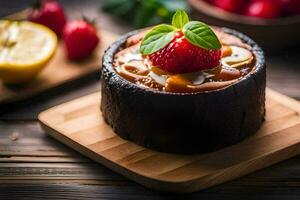 a dessert with strawberries and a slice of lemon. AI-Generated photo