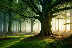 un bosque con arboles y luz de sol brillante a través de. generado por ai foto